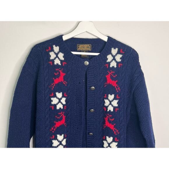 Vintage Eddie Bauer 1989 100% Wool Knit Cardigan Sweater Navy Blue Size S - Picture 2 of 6